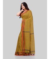 DESH BIDESH Women`s Traditional Bengali Tant Handloom Cotton Saree Royel Loveria Design With Blouse Piece (Olive)